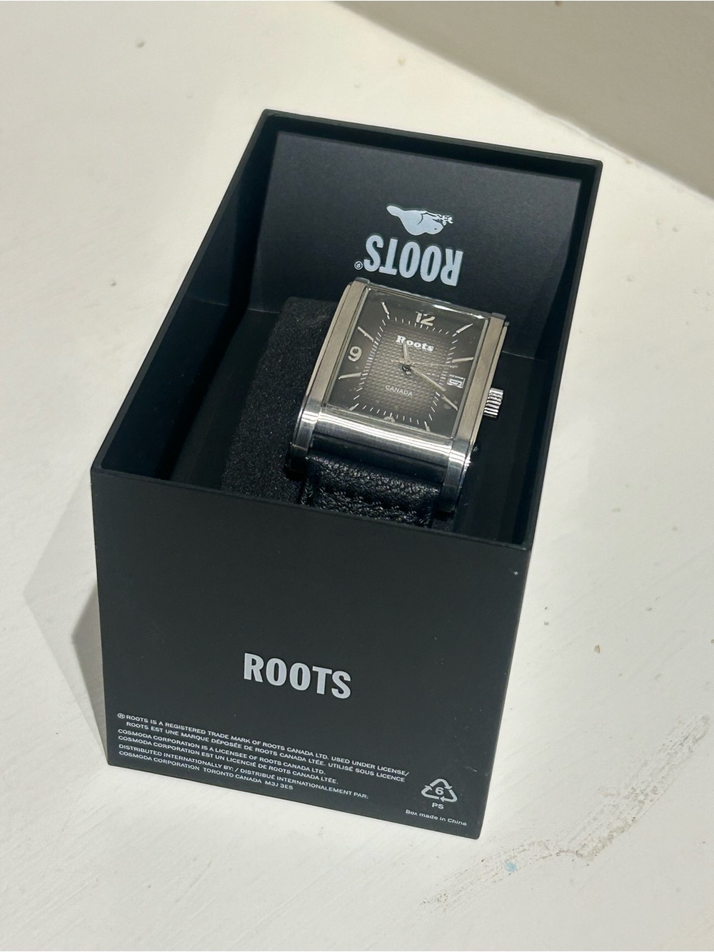 Roots Black and Silver Rectangular Leather Strap Watch